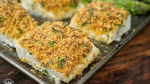 Panko Parmesan Halibut Sheet Pan Dinner