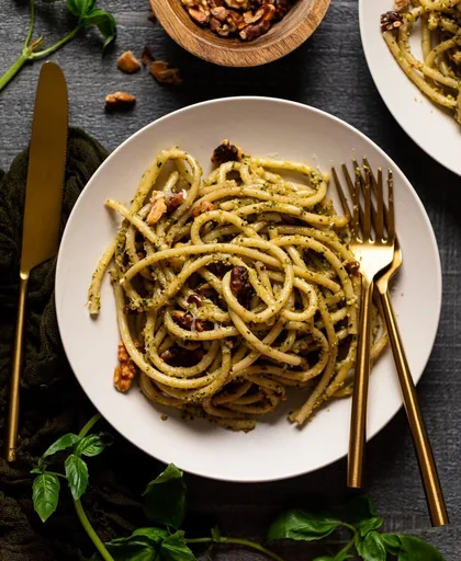 Pasta bucatini simple con pesto de nueces