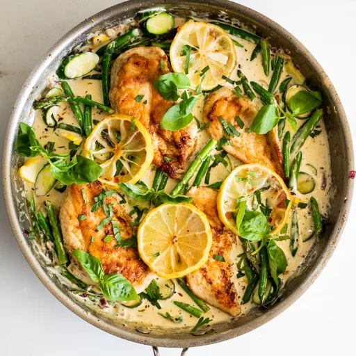 Pasta Primavera cremosa con pollo y limón