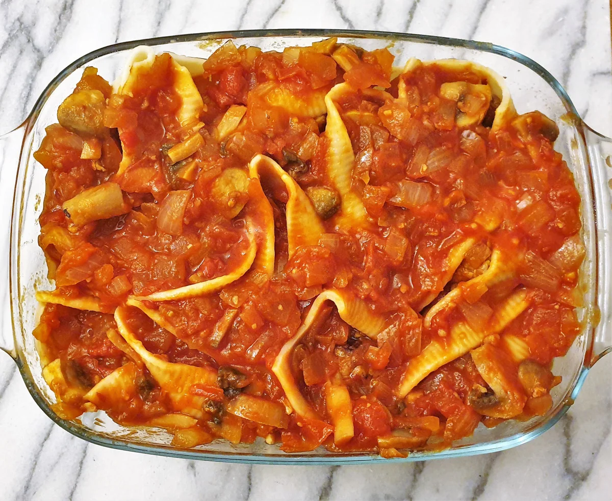 Meatball stuffed jumbo pasta shells with tomato sauce