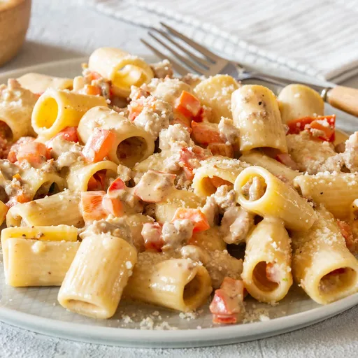 Pasta cremosa con salchicha y pimientos
