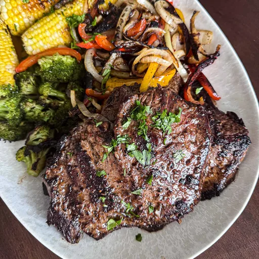 Skirt steak family dinner on the griddle