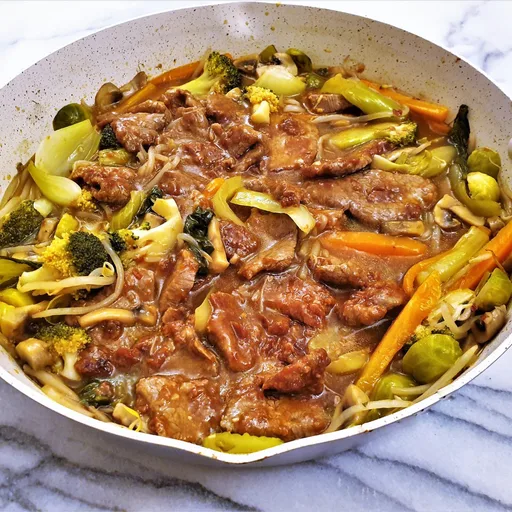 Garlic beef in oyster sauce with vegetables