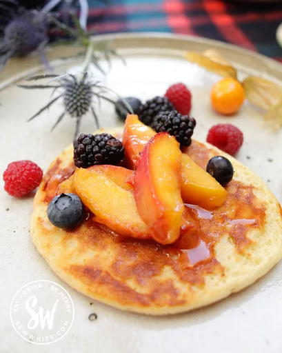 Scotch Pancakes with Peach Compote