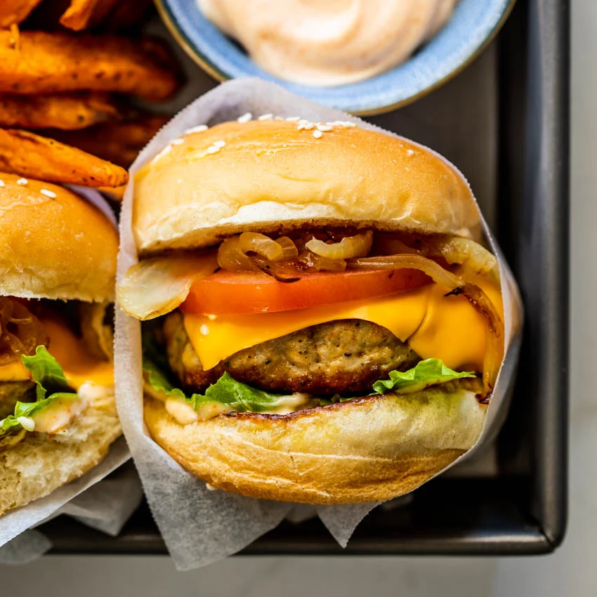 Easy turkey burgers with spicy mayo
