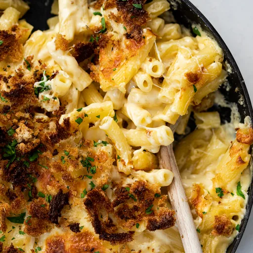 Four cheese baked mac and cheese with thyme breadcrumbs