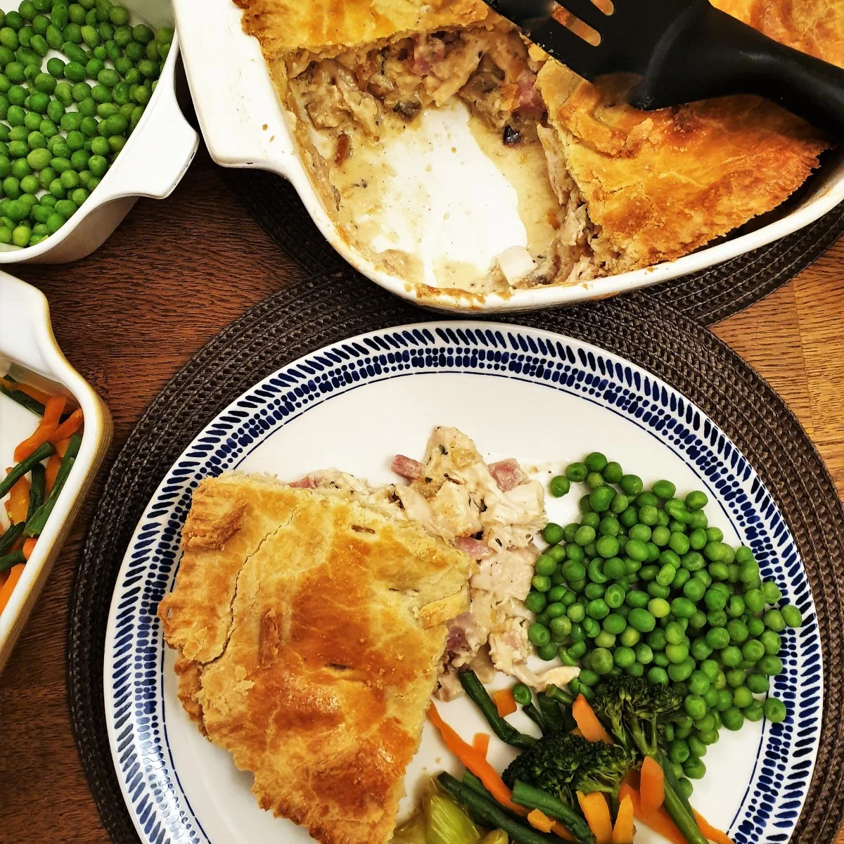 Leftover chicken and ham pie with mushrooms