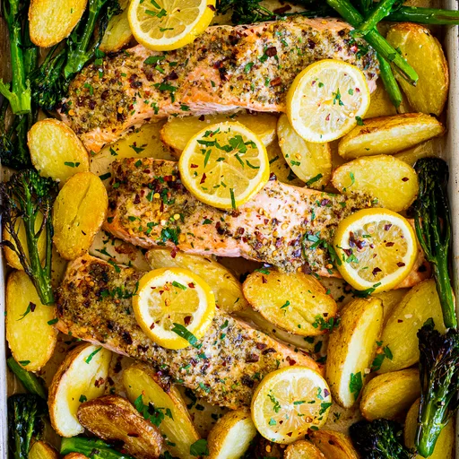 Lemon Garlic Sheet Pan Salmon with broccolini and potatoes