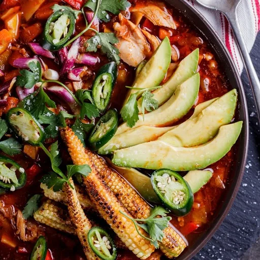 Sopa de pollo mexicana con maicitos asados