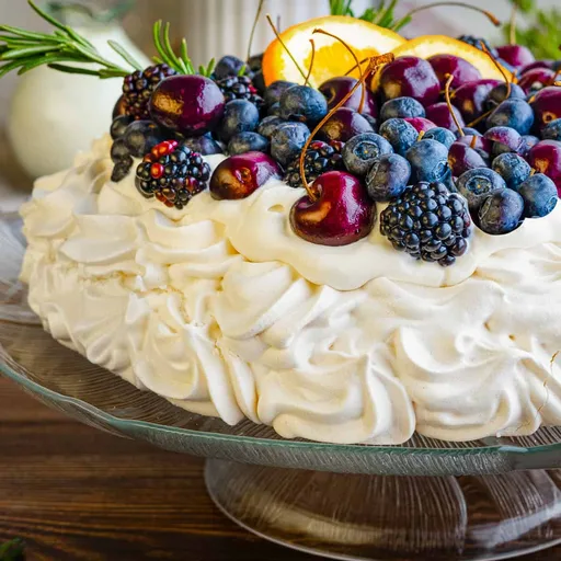 Pavlova de frutos rojos de verano con cerezas