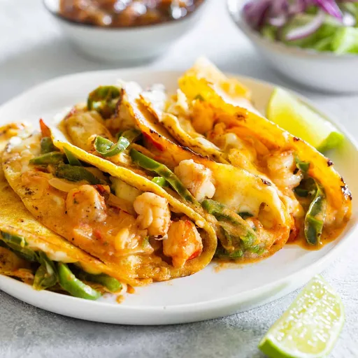 Tacos Gobernador (tacos de camarón con queso)