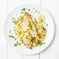 Pan-Fried Seabass with Garlic Lemon Butter Sauce and Spring Vegetables