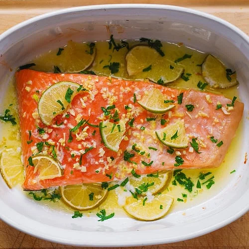 Easy Baked Salmon with Garlic Lime Butter Sauce