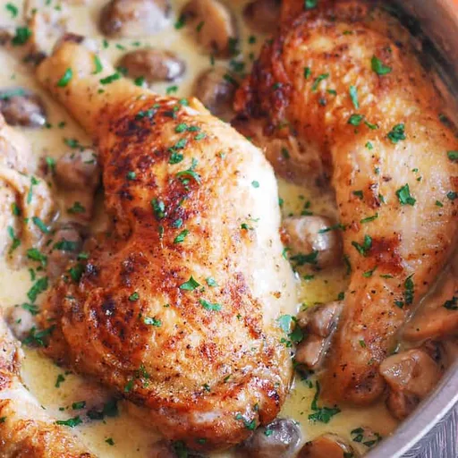 Muslos de pollo fáciles con salsa cremosa de champiñones