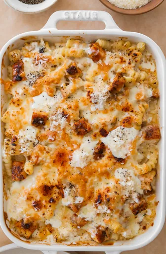 Pasta al horno con pollo Alfredo
