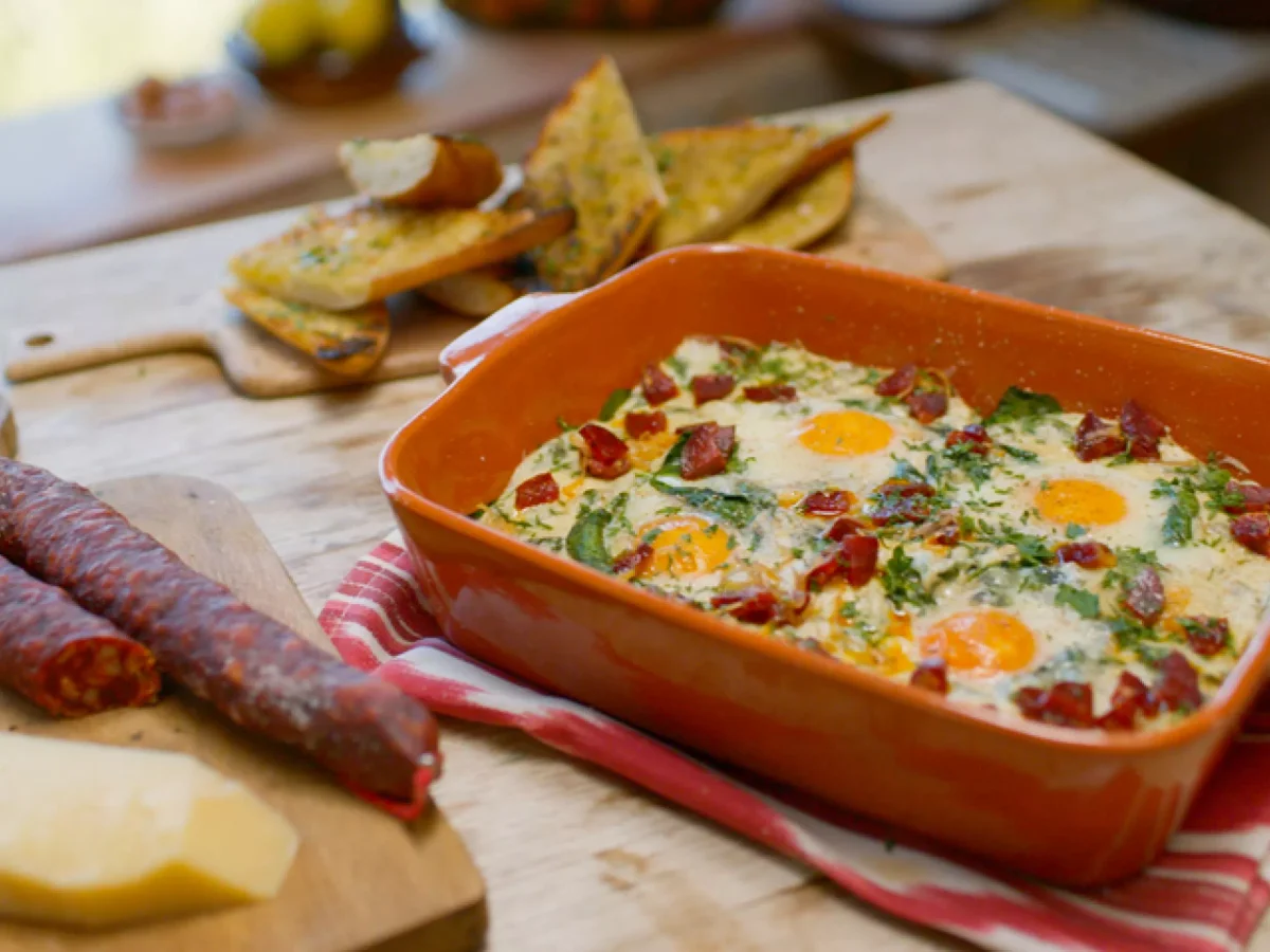 Marcus Wareing's Baked Eggs and Creamed Spinach, Chorizo and Parmesan