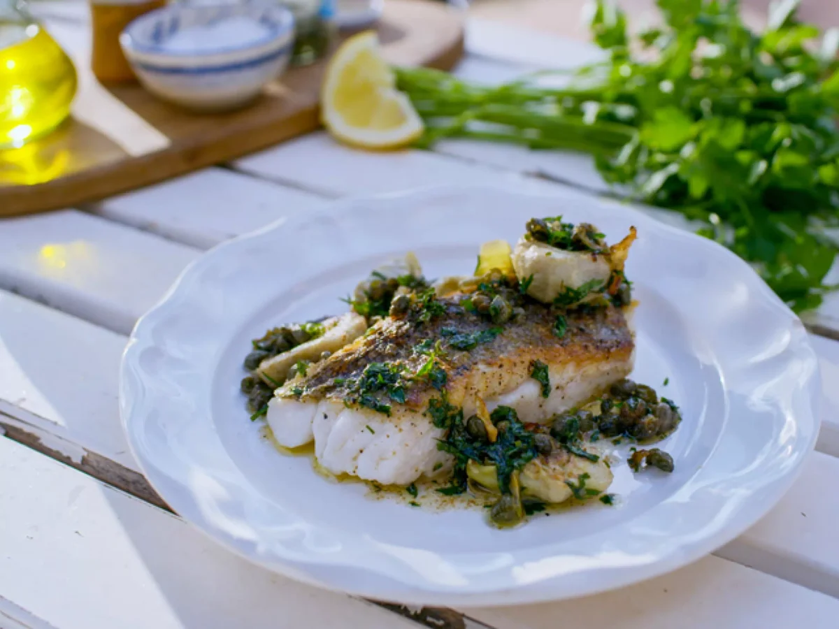 Marcus Wareing's Pan-Fried Hake with Capers, Chargrilled Artichokes and Brown Butter Sauce