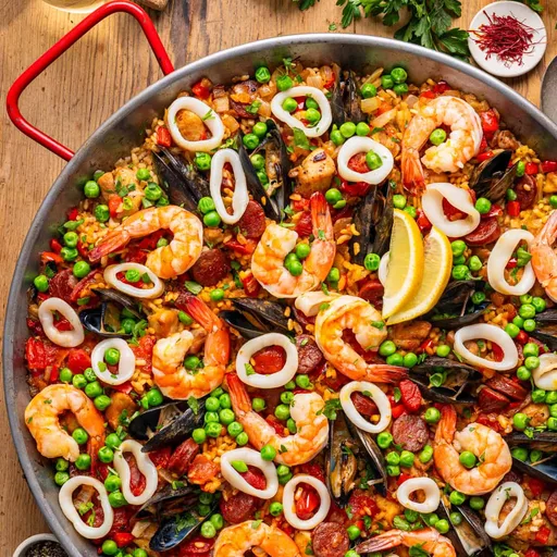 Paella de marisco clásica española con mejillones, gambas y calamares