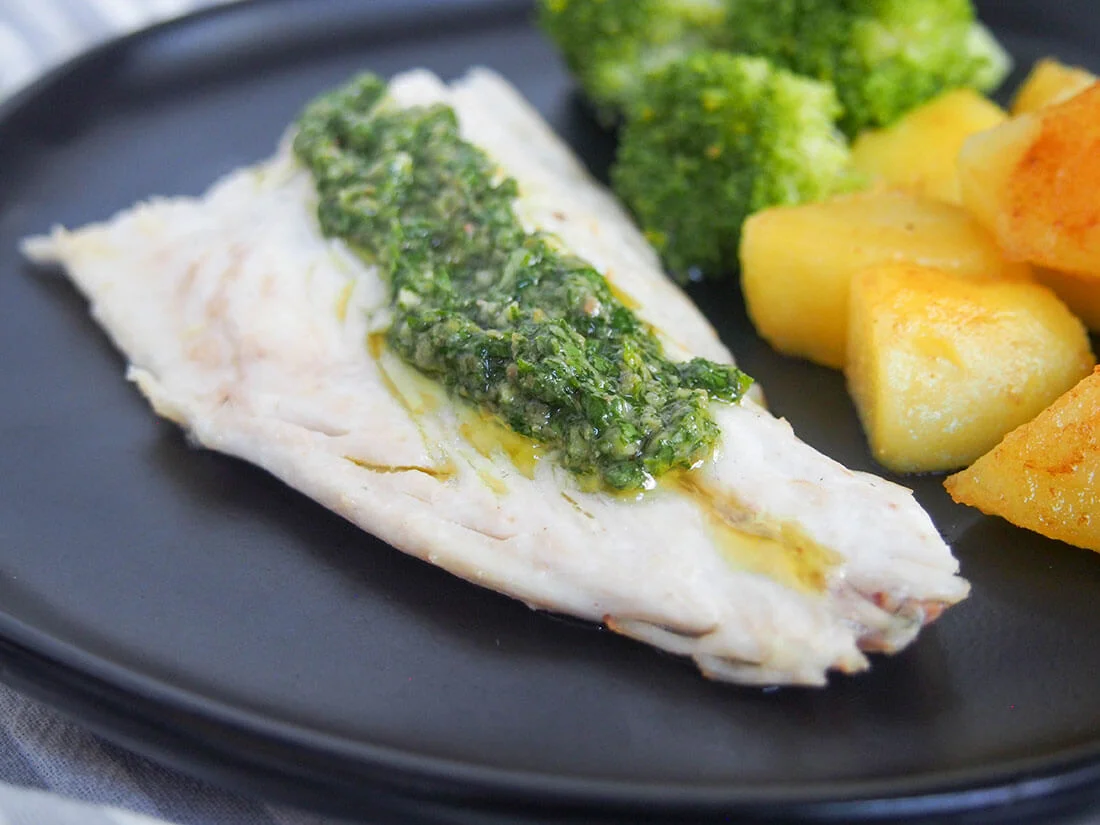 Pan-fried sea bass with salsa verde