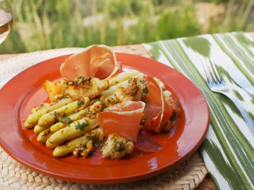 Marcus Wareing's White Asparagus with Spanish Ham and a Warm Hazelnut Dressing
