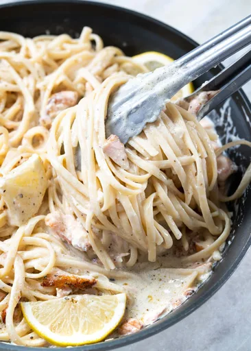 Salmon Pasta in Creamy Lemon Garlic Sauce