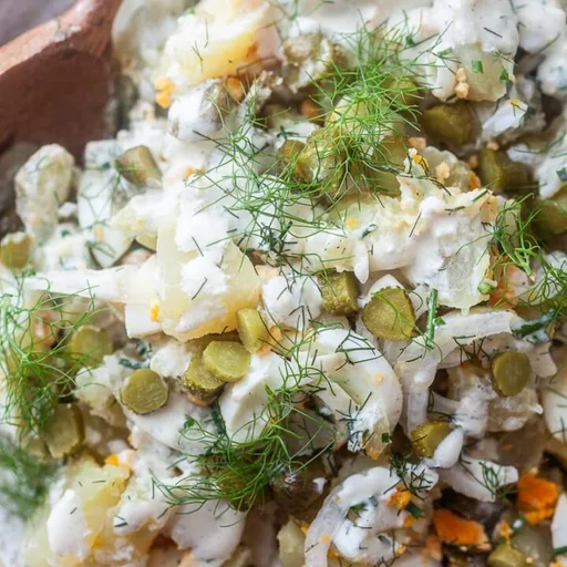 Ensalada cremosa de patata con pepinillos y huevos