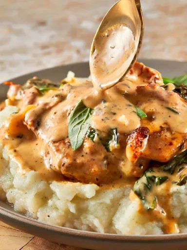 Muslos de pollo cremosos a la Toscana (en sartén)
