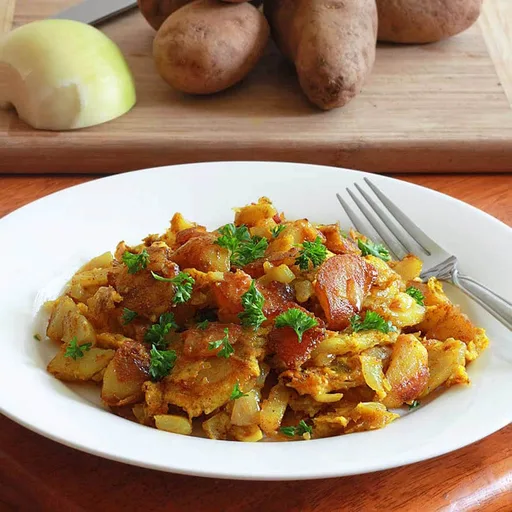Revuelto de patatas fritas de bolsa al curry