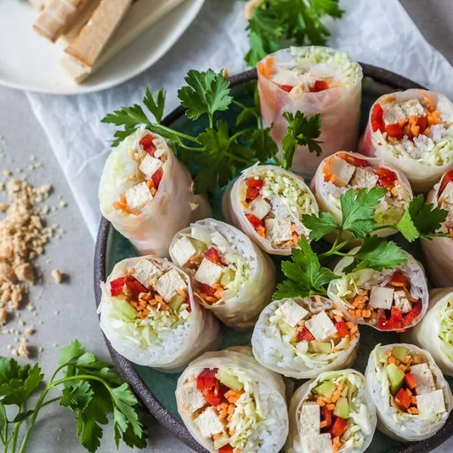 Rollitos de primavera veganos de tofu con salsa de cacahuete