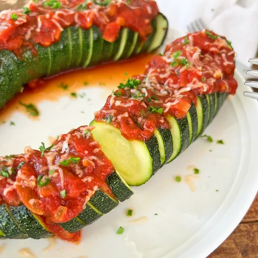 Hasselback Zucchini with Tomato Sauce