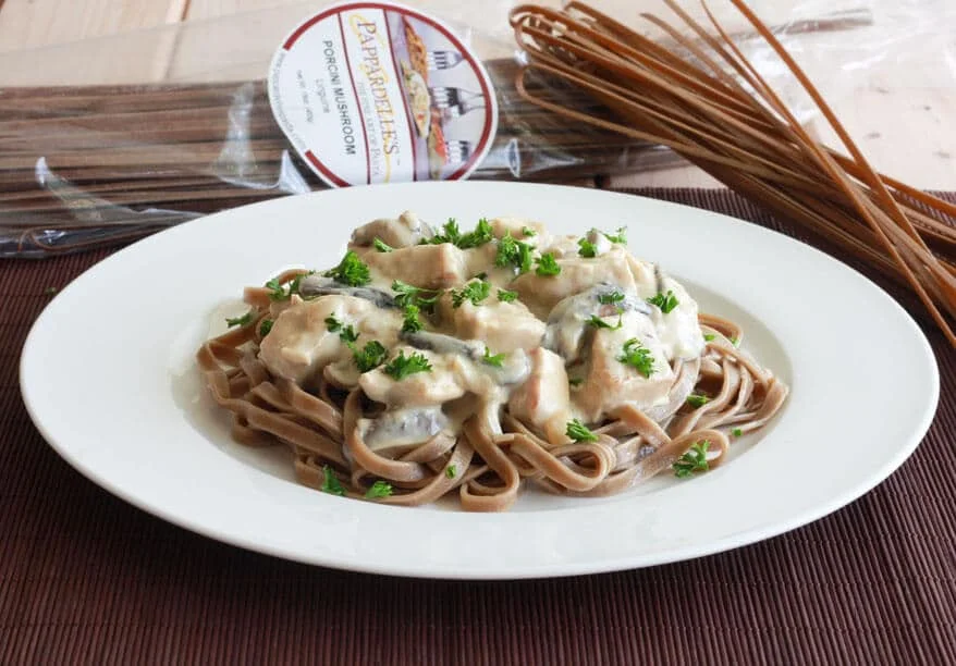 Porcini Mushroom Linguine with Chicken, Shiitakes and Gorgonzola