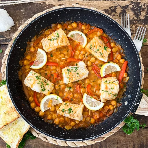 Bacalao a la española con garbanzos