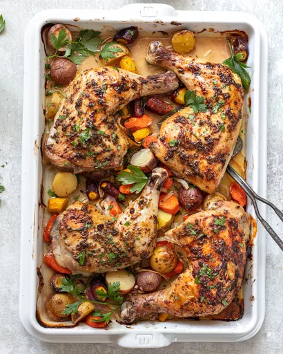 Cuartos de pollo jugosos al horno con Dijon y hierbas