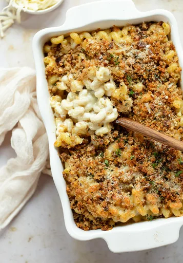 Baked Bechamel Mac and Cheese with Herbed Breadcrumbs