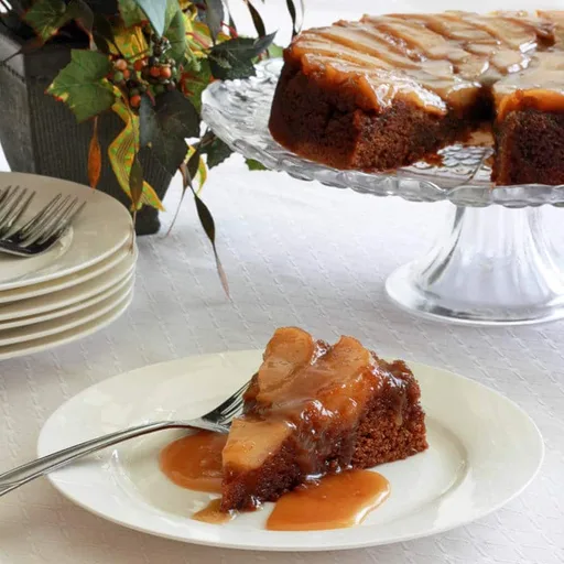 Pear Upside Down Gingerbread Cake with Caramel Sauce