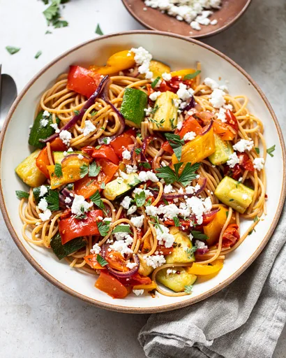 Roasted Vegetable Pasta (Sheet Pan + Feta Cheese)