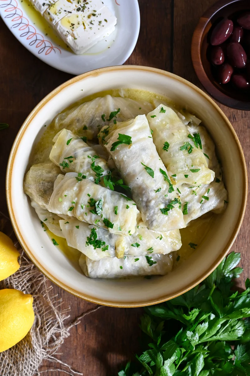 Greek cabbage rolls (lahanodolmades) with zucchini and rice