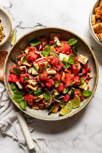 Halloumi Watermelon Salad with Sumac Lime Dressing