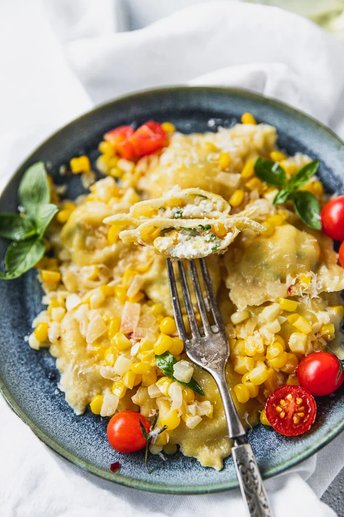 Homemade Sweet Corn Ravioli with Ricotta and Basil