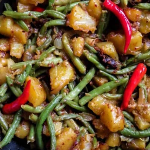 Sri Lankan spicy potato, green bean stir-fry.