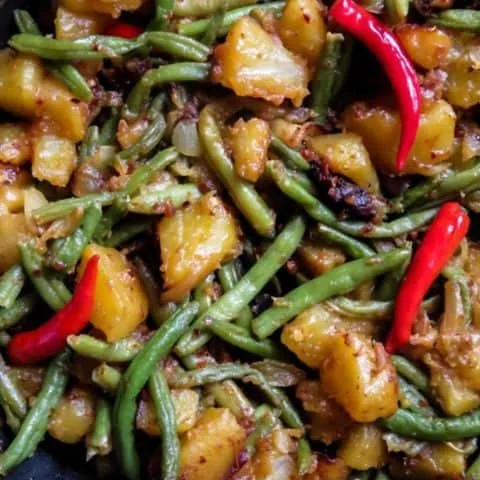 Sri Lankan spicy potato, green bean stir-fry.