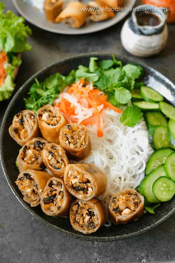 Vietnamese Noodles and Fried Vegetarian Spring Rolls Bowls (Bún Chả Giò Chay)