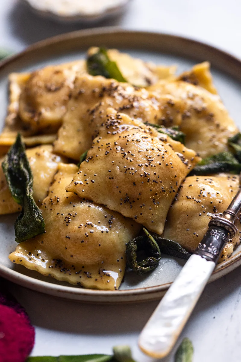 Roasted Butternut Squash Ravioli with Brown Butter Poppy Seed Sauce