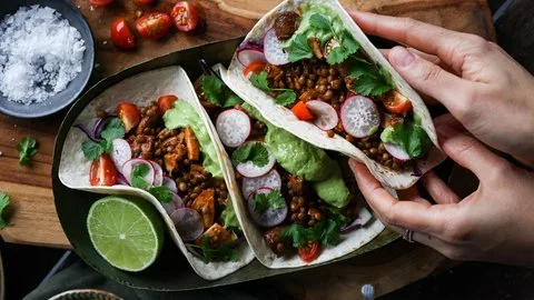 Mushroom & Lentil Tacos with Garlic Avocado Cream