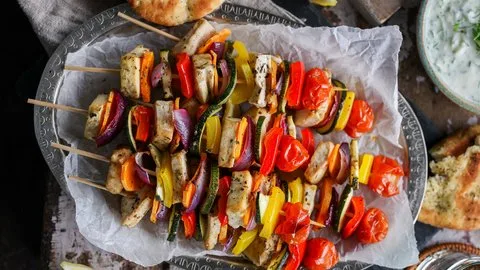 Oven Roasted Sweet Potato & Tofu Veggie Skewers