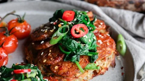 Potato Hash Cakes with Baked Marinated Tempeh