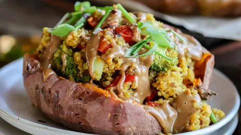 Quinoa & Red Lentil Stuffed Sweet Potatoes
