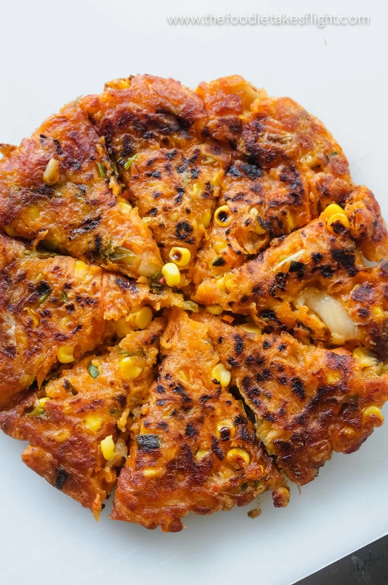 Vegan Kimchi Cheese & Sweet Corn Pancakes (Korean Kimchi Jeon-Inspired!)