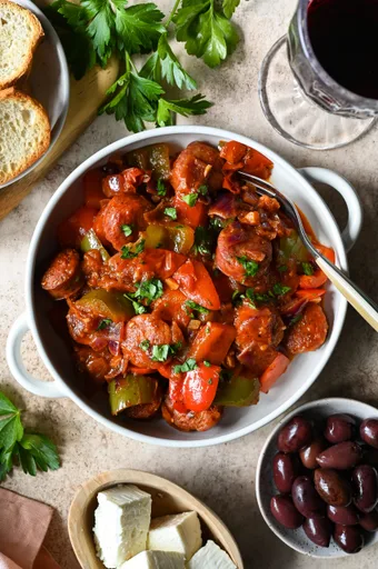 Spetzofai (Spetsofai) - Greek sausages with peppers and tomato