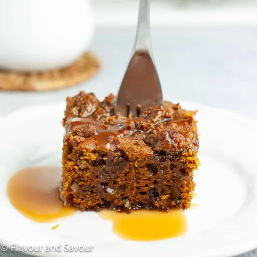 Pumpkin Pecan Coffee Cake with Caramel Sauce